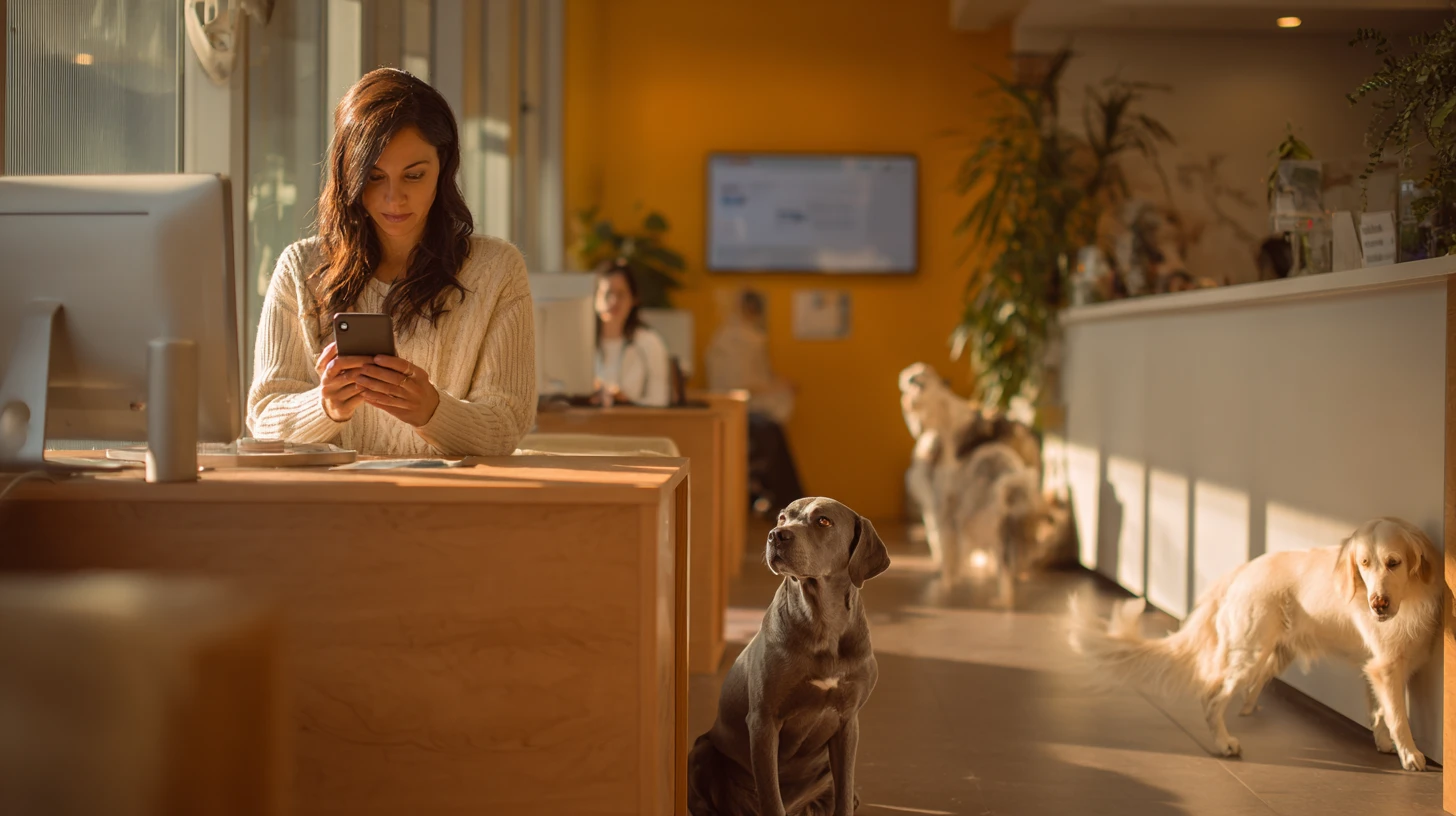 Client using online booking with veterinary scheduling software while staff monitors schedule