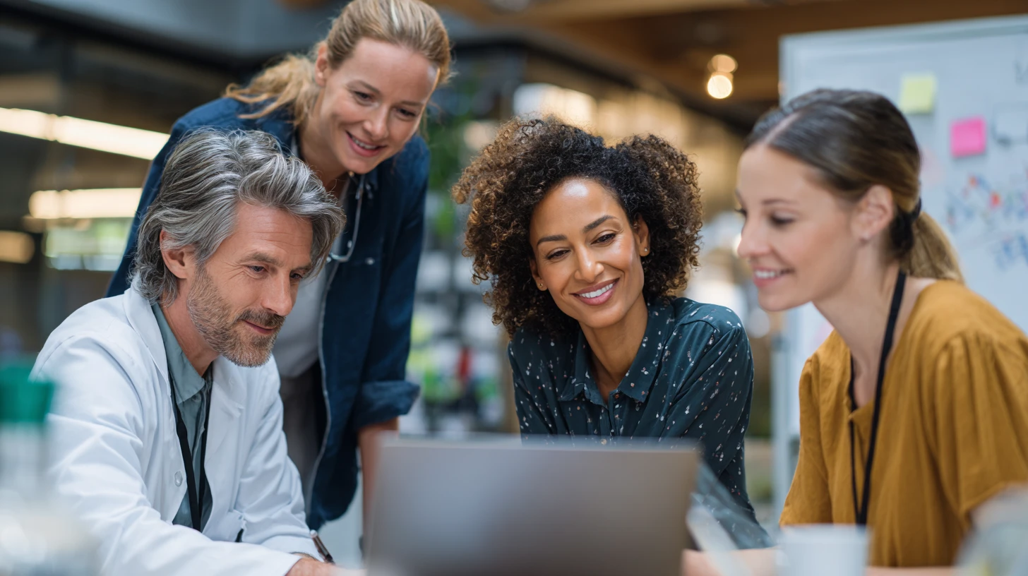 Veterinary practice manager and staff reviewing software integration together