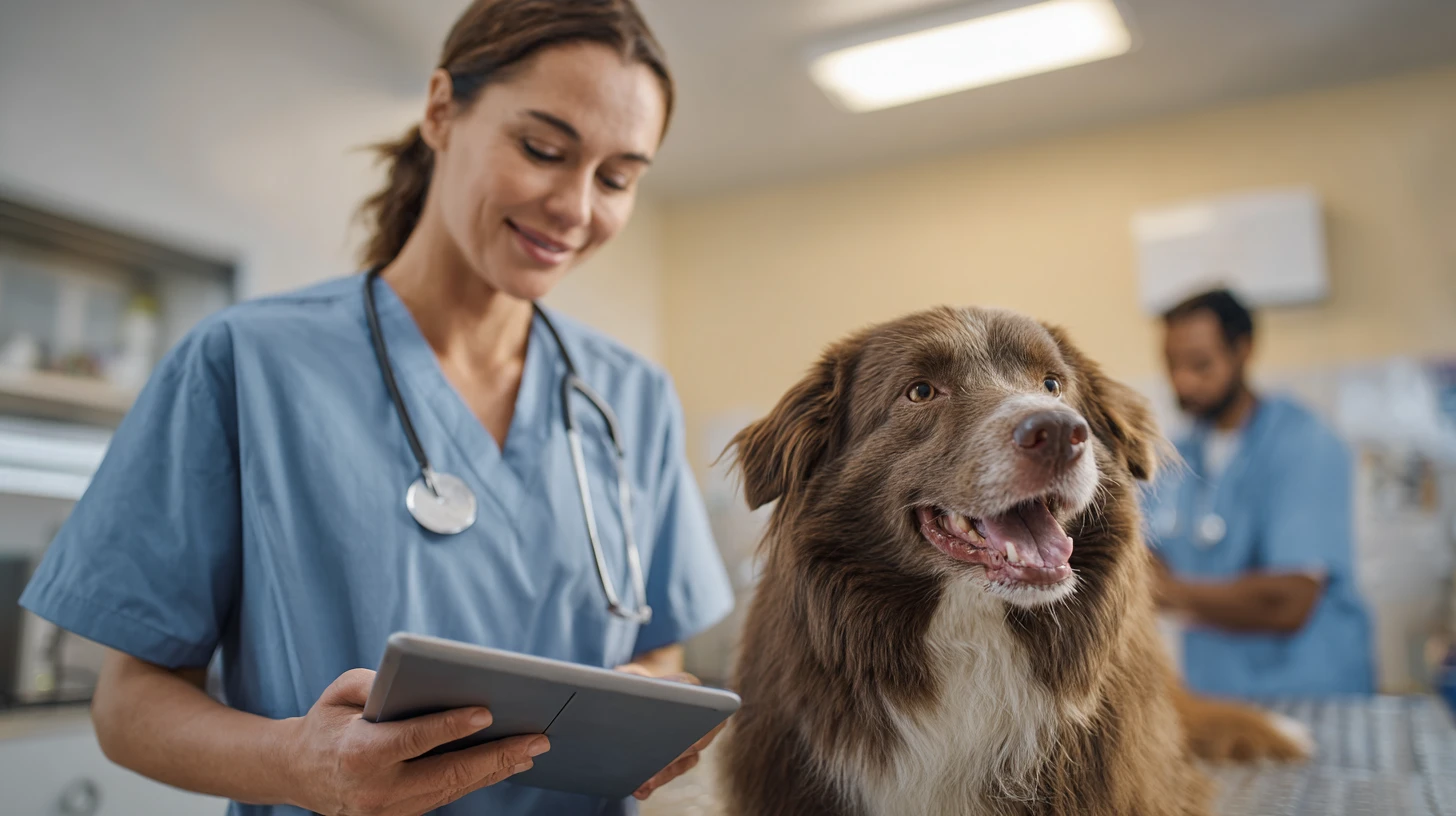 Veterinary technician confirming appointments and reminders in an exam room