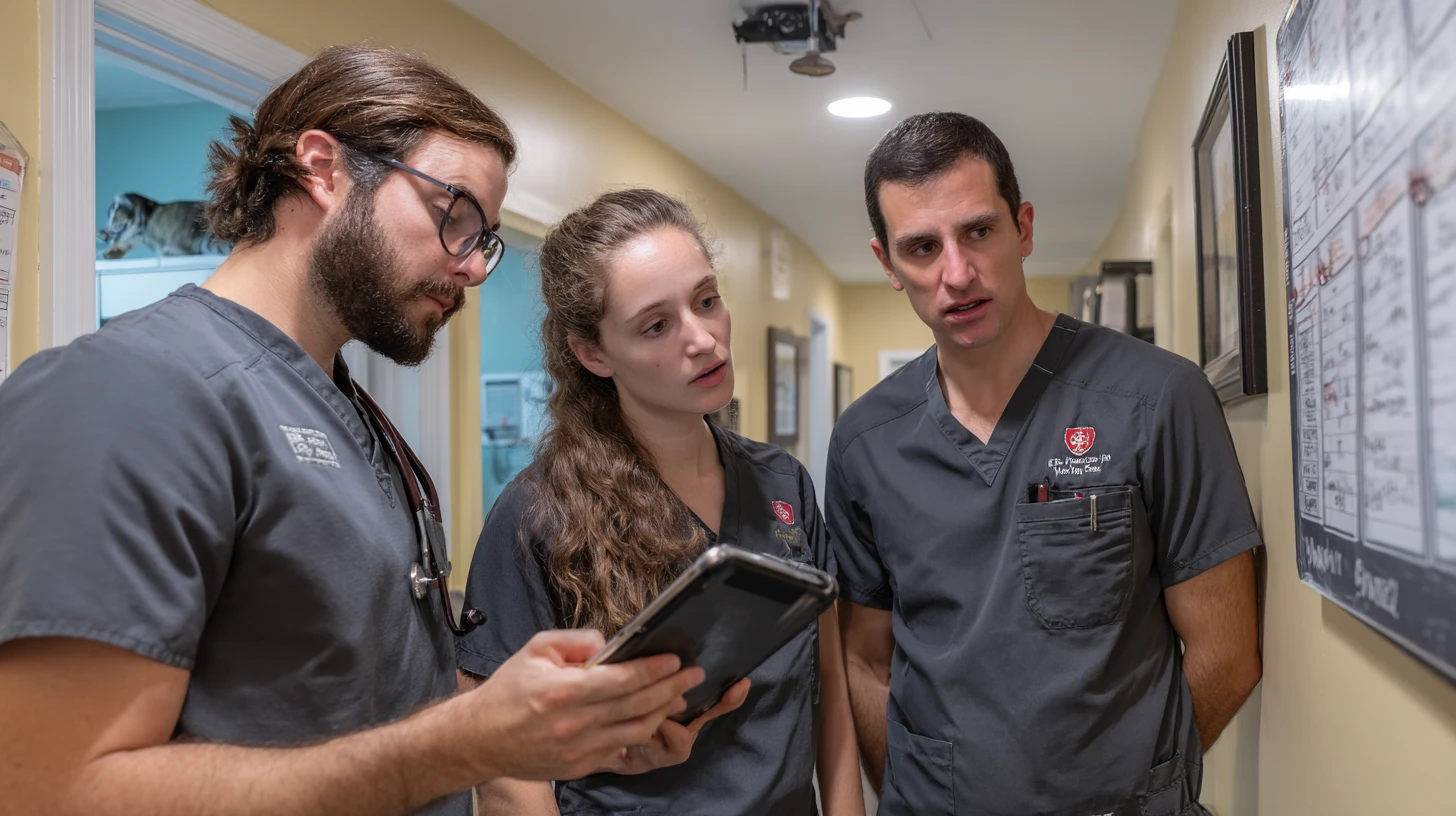 Veterinary team reviewing a packed schedule together, highlighting the fragility of clinic calendars