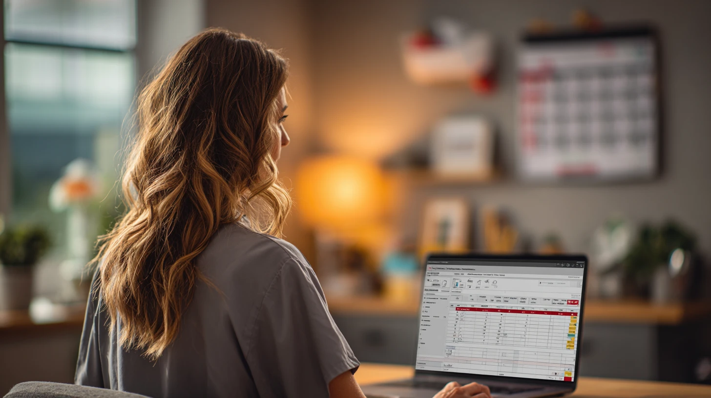 Practice manager reviewing simple scheduling metrics on a laptop, emphasizing measurable outcomes