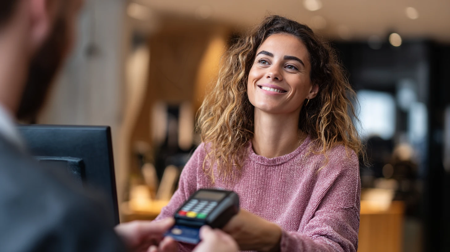 Client calmly paying a small booking deposit at a veterinary front desk, reinforcing no show prevention