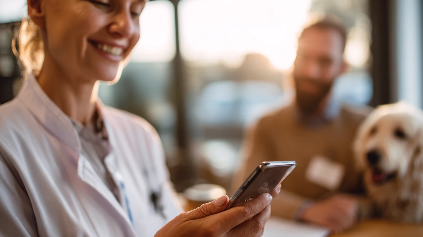 CSR showing a client a simple tap to confirm appointment reminder on a phone.