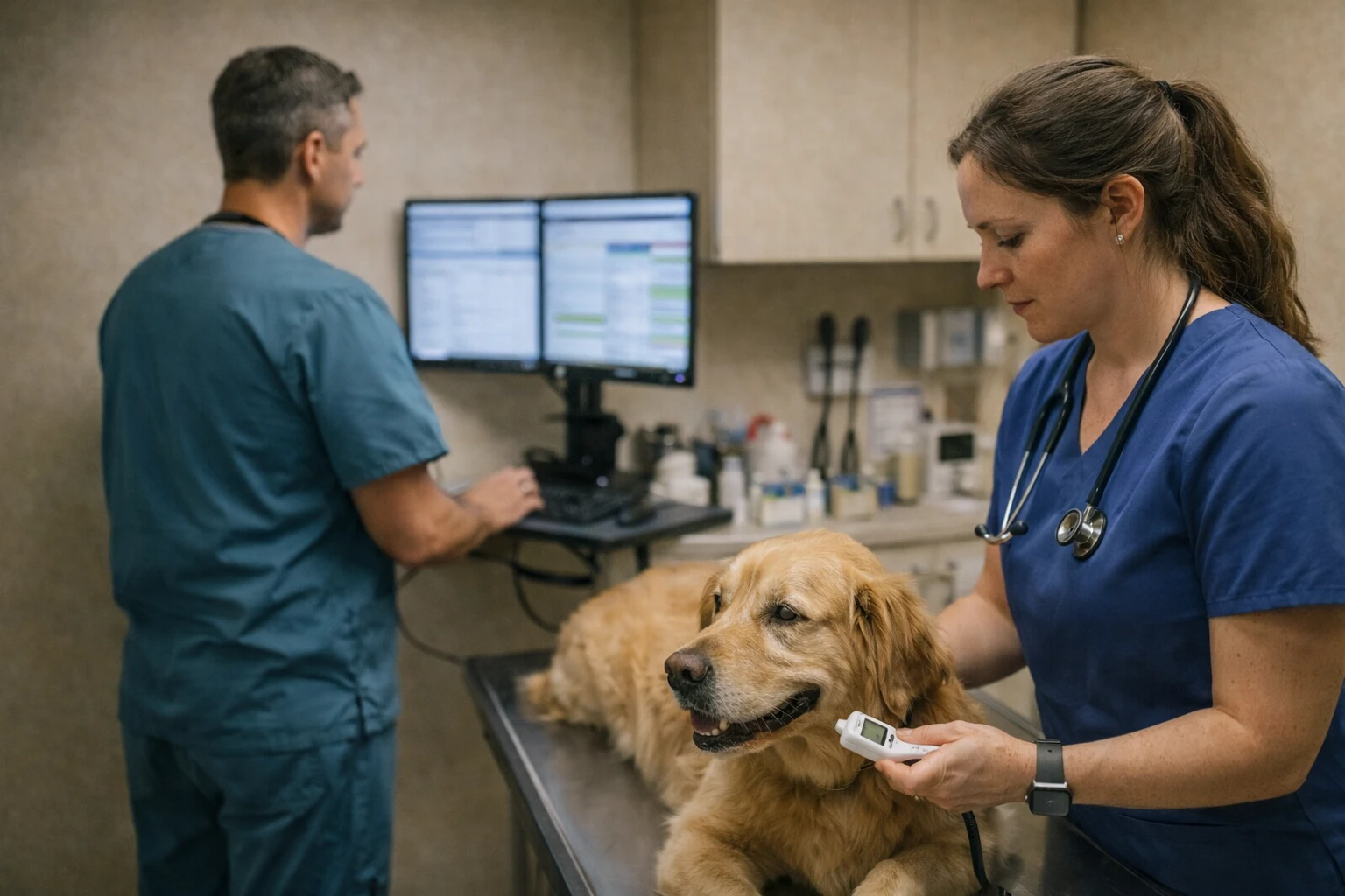 Veterinarian entering notes in veterinary software during an exam while a technician records vitals