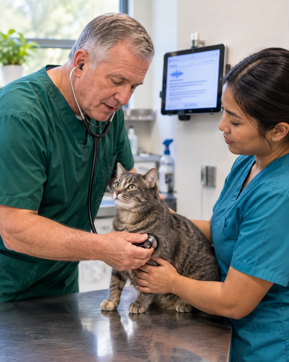 Veterinarian examining a cat while an AI scribe records the visit on a wall-mounted tablet and a technician assists