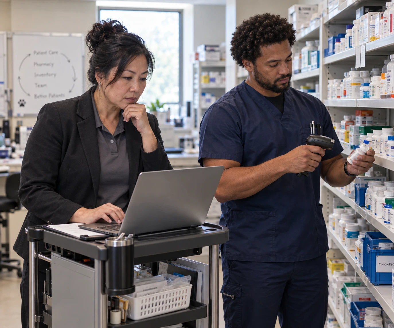 Veterinary practice owner and assistant counting inventory with a barcode scanner in the clinic pharmacy