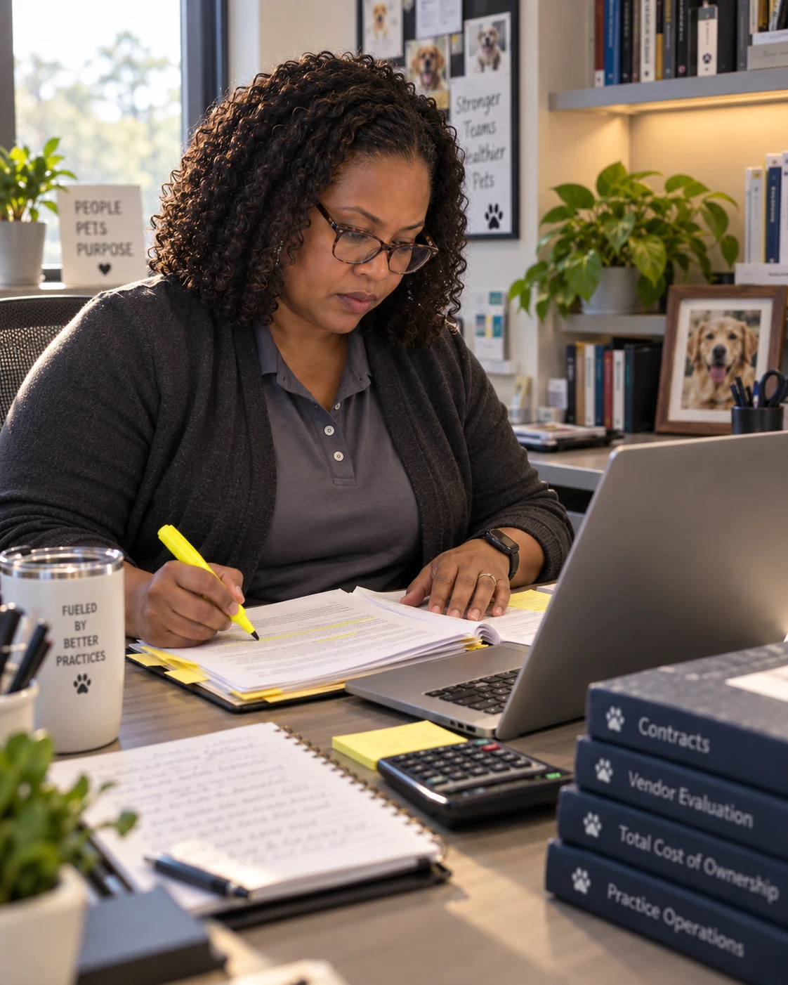 Practice manager reviewing a veterinary software contract and five-year cost spreadsheet with a highlighter