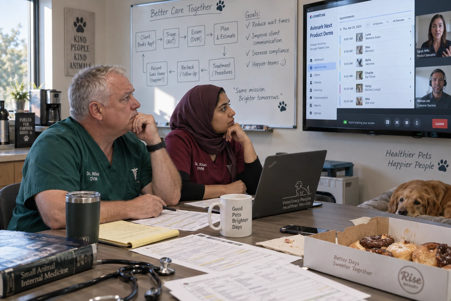 Veterinary team evaluating a practice management software demo on a large screen in a clinic break room