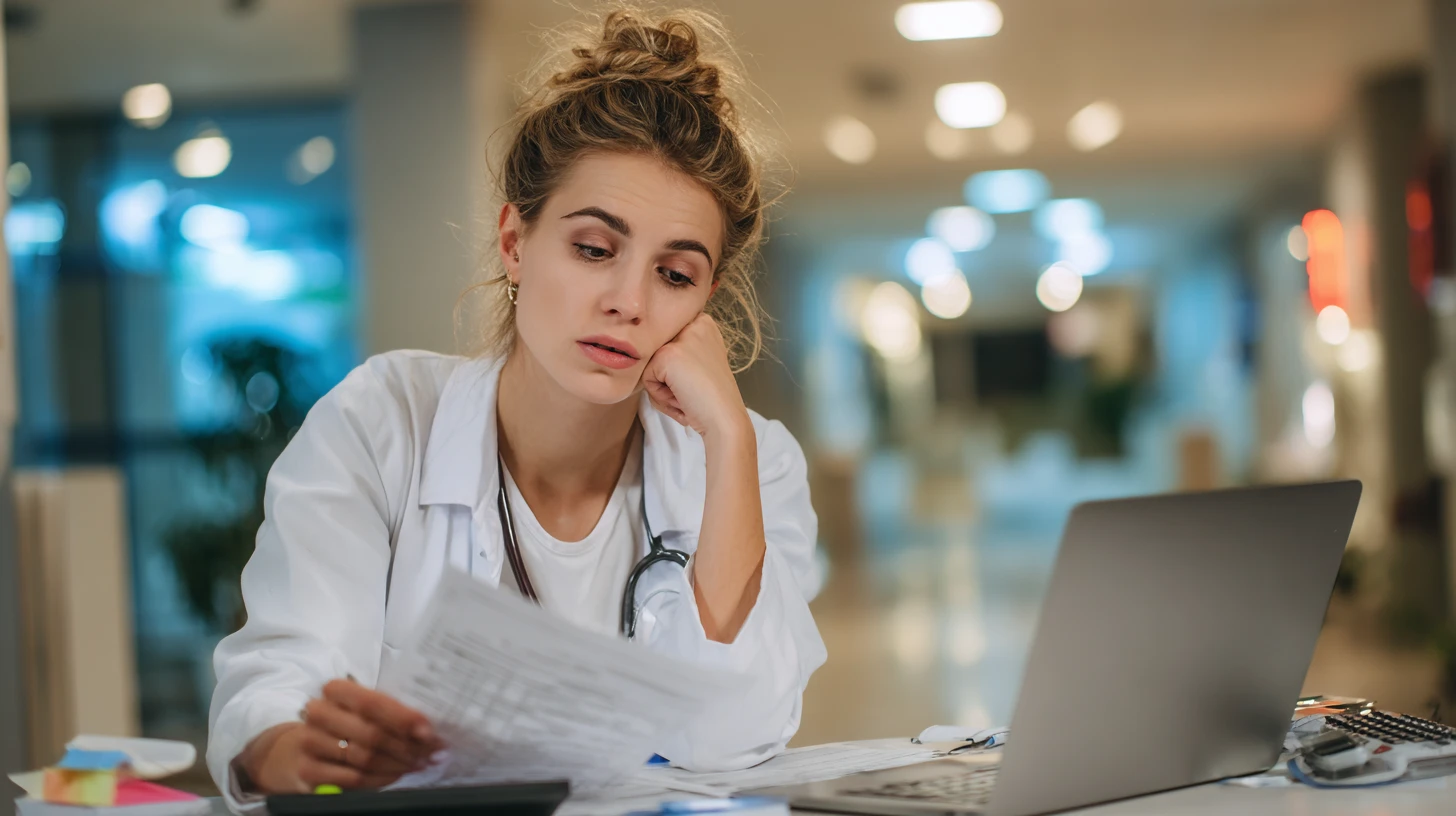 Practice owner reviewing an unexpected invoice related to veterinary practice management software usage fees