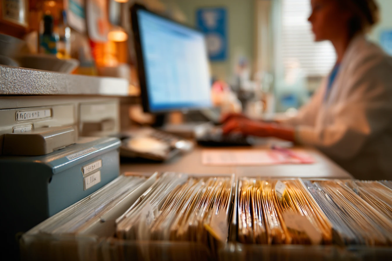 Front desk coordinator preparing a veterinary data export with an external drive while the computer screen is blurred