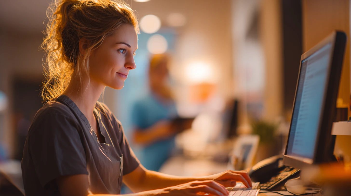 Receptionist managing client texting that affects veterinary software pricing and usage costs