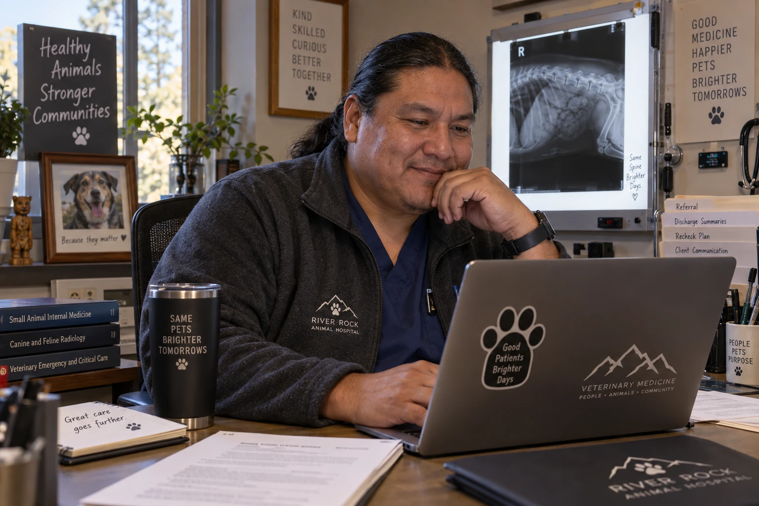 Primary care veterinarian reading a specialist discharge summary from eRDVM software in his clinic office