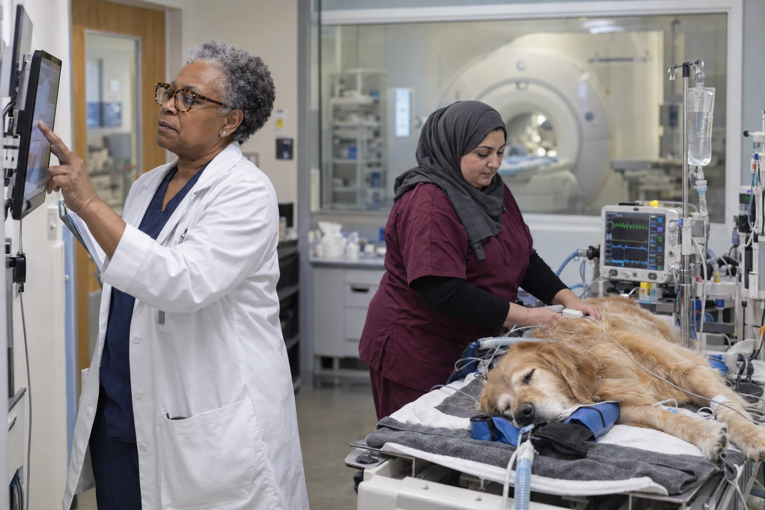 Veterinary specialist and anesthesia technician preparing a dog for an MRI at a multi-specialty hospital
