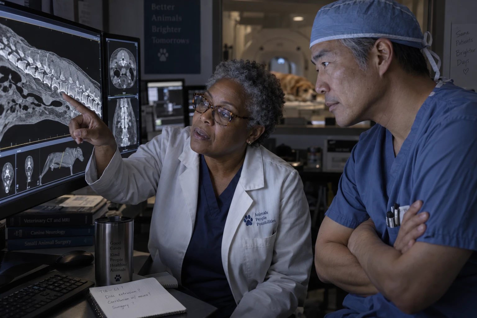 Internal medicine specialist and veterinary surgeon reviewing CT images in specialty veterinary PIMS