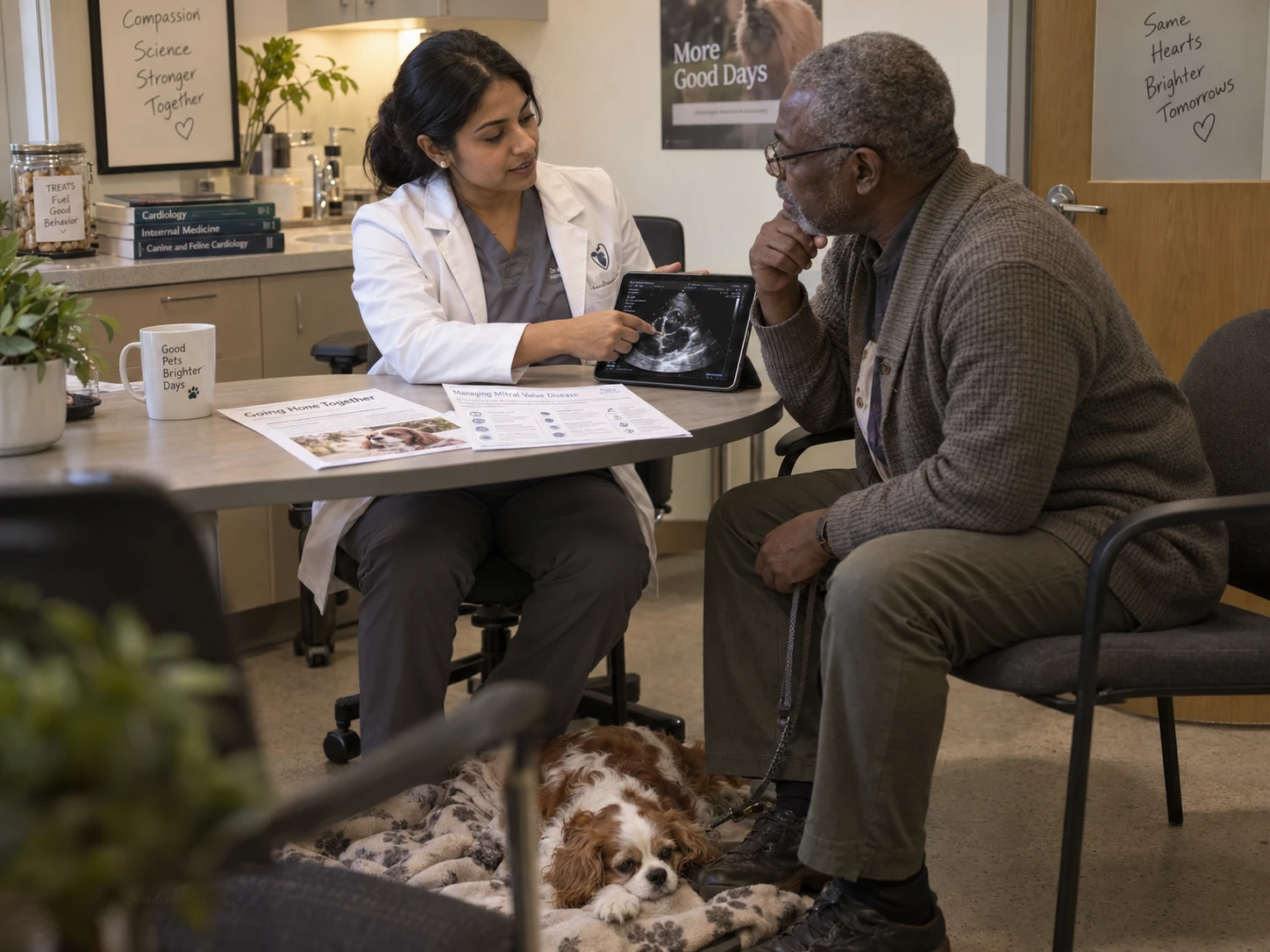 Veterinary cardiologist reviewing discharge instructions with a pet owner at a referral hospital