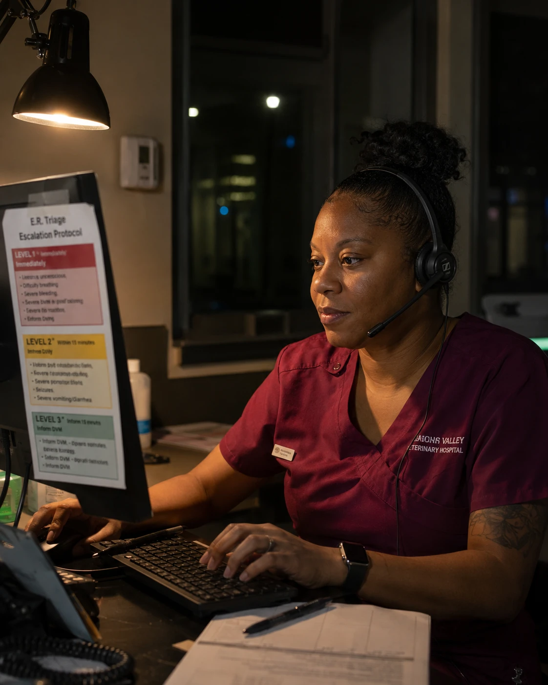 Credentialed veterinary technician handling an after-hours telehealth triage call at a clinic workstation