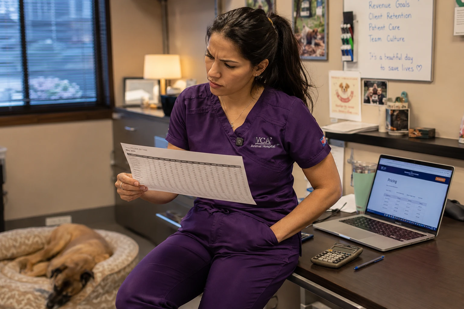 Veterinary practice owner reviewing vet telemedicine pricing and after-hours call volume in a clinic office
