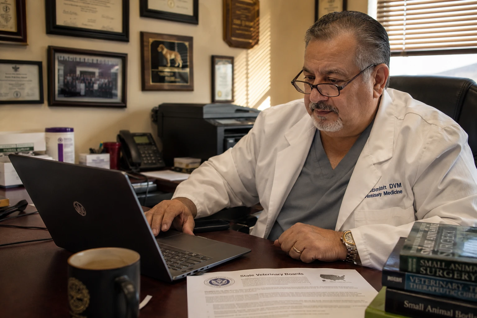 Veterinarian reviewing state VCPR and veterinary telehealth rules on a laptop in a clinic office