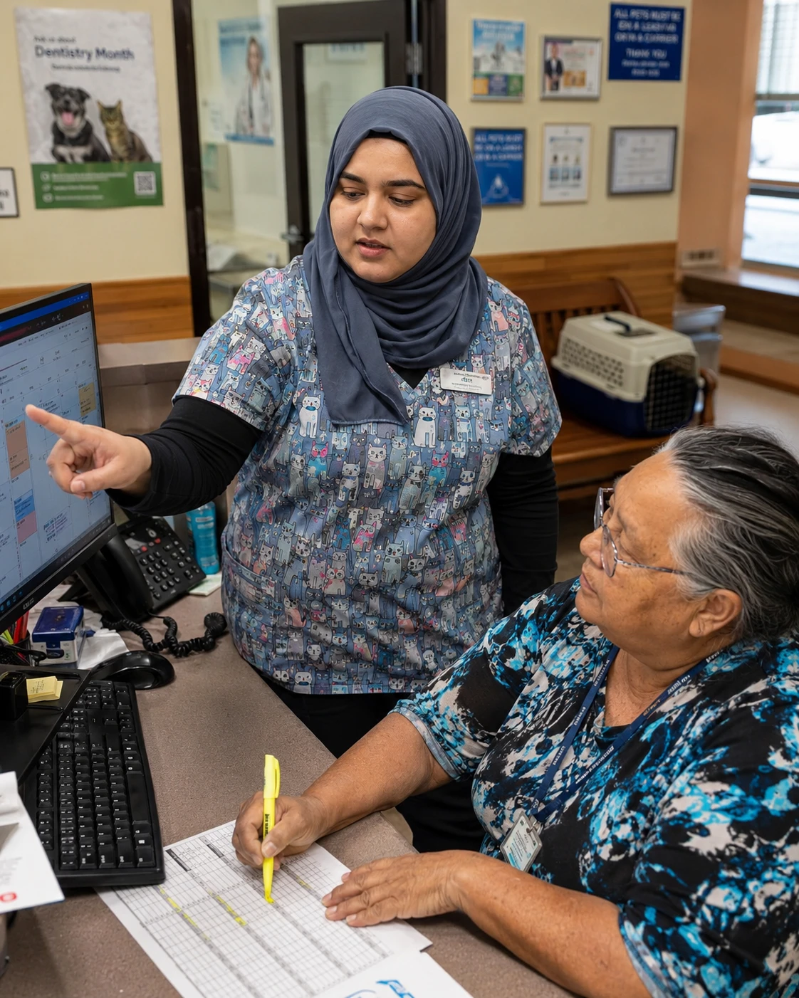 Clinic team huddling at the front desk to block schedule time for virtual veterinary visits