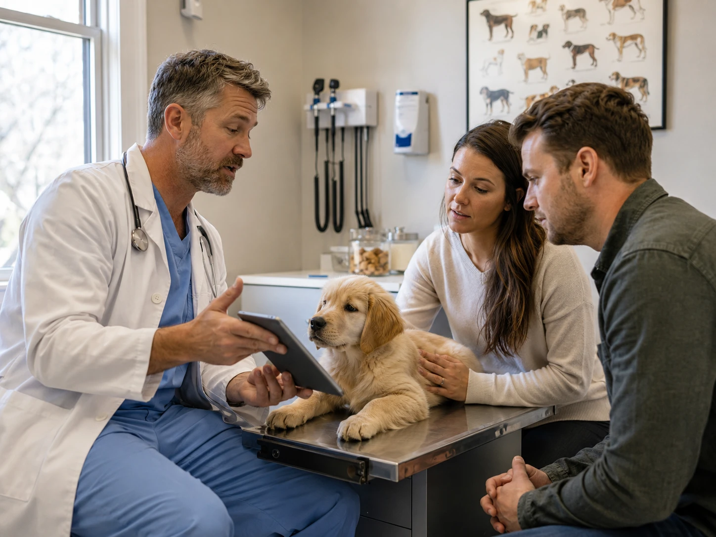 A veterinarian enrolling a new client and their puppy in a veterinary wellness plan during a first visit consultation