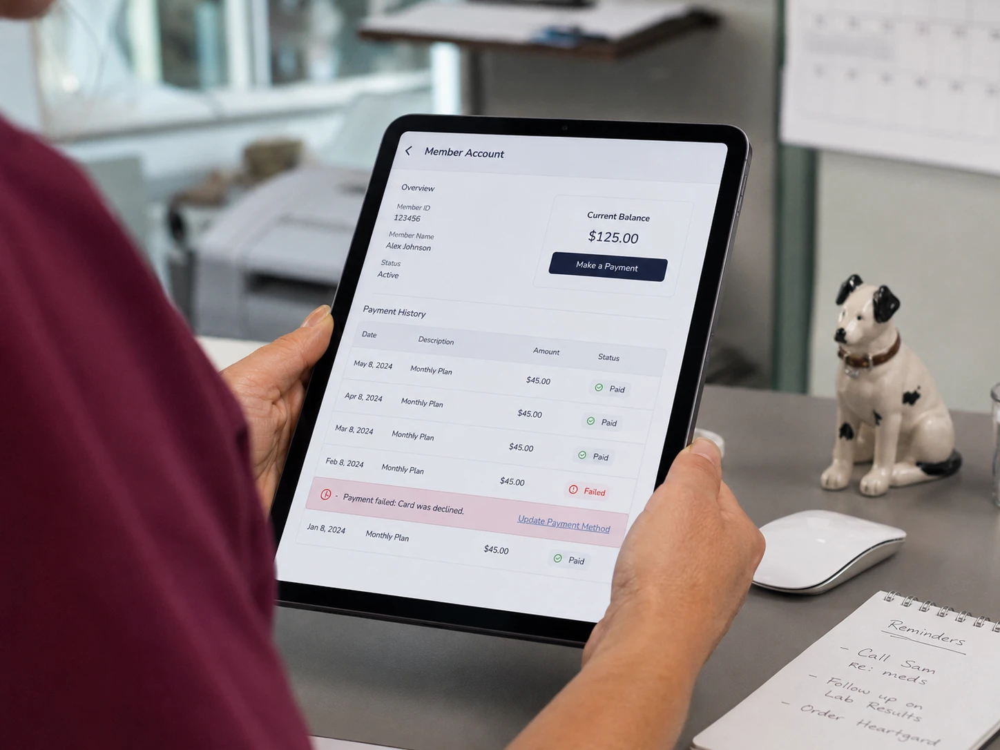Close-up of a veterinary practice staff member reviewing a member's payment history on a tablet, illustrating the auto-billing recovery workflow inside veterinary wellness plan software