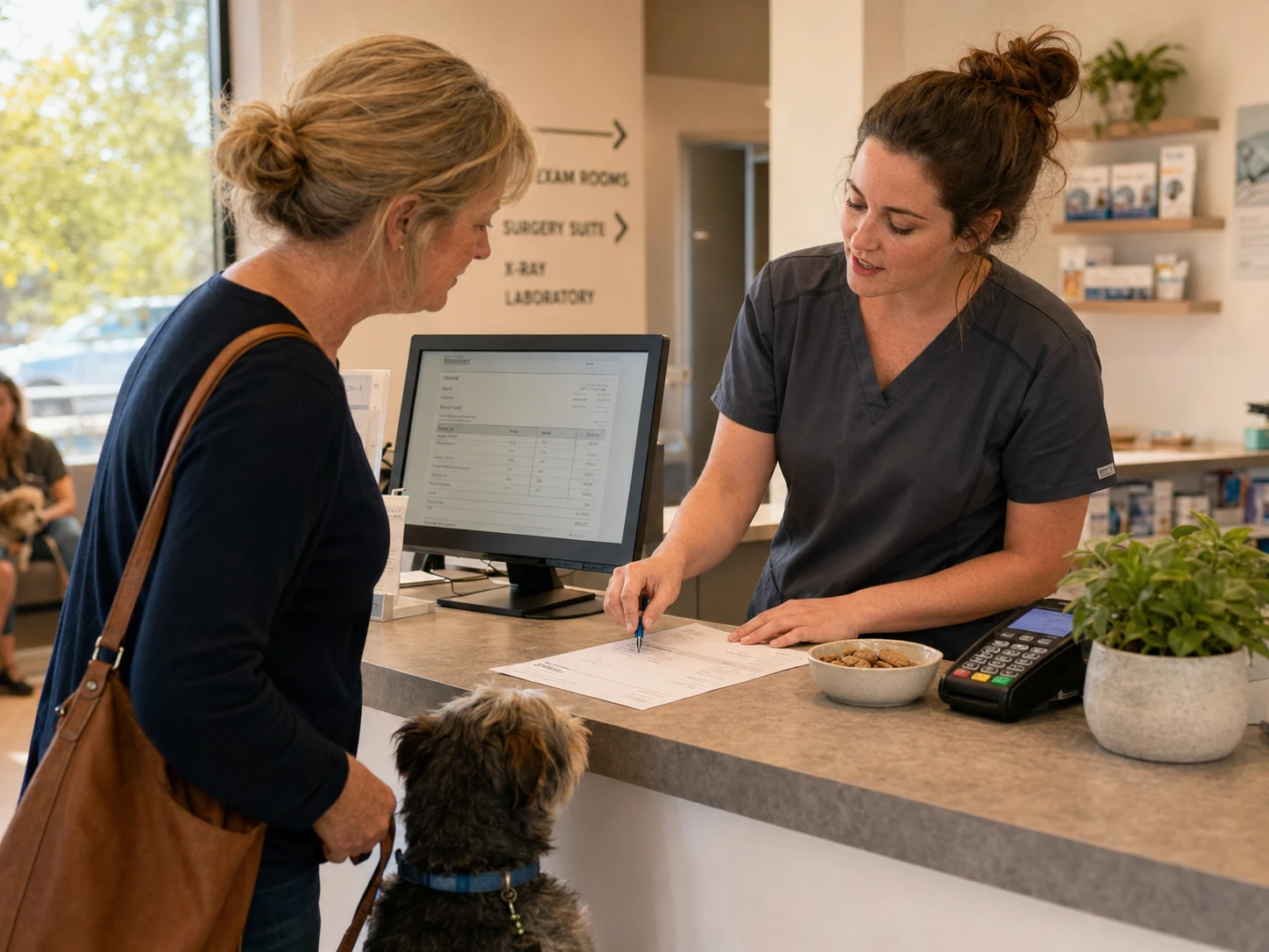 Veterinary technician walking a client through an itemized invoice at checkout that includes wellness plan benefits applied automatically