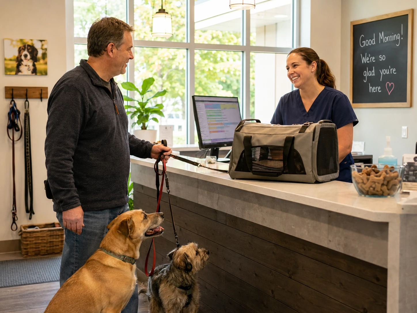 A multi-pet household checking in at a veterinary practice with separate wellness plans tracked per pet rather than per household
