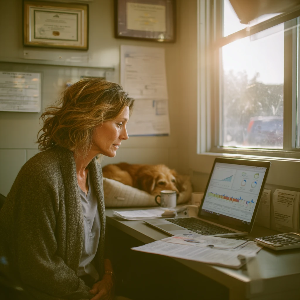 Veterinary practice owner reviewing wellness plan metrics including monthly recurring revenue and churn rate on a laptop in a quiet office
