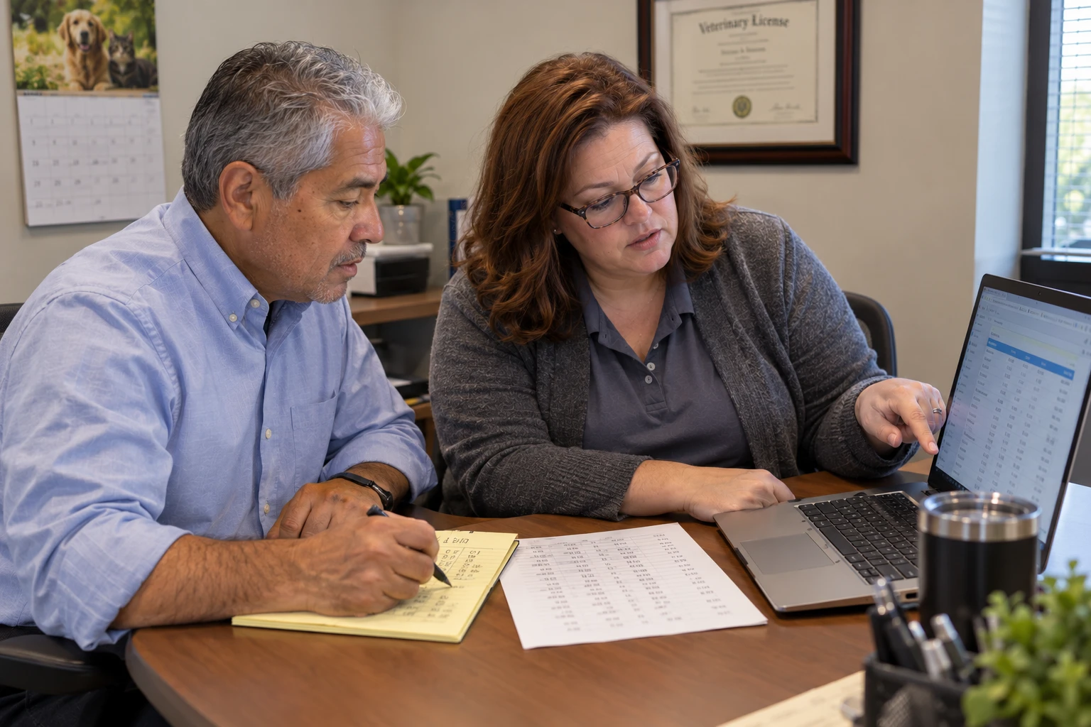 Practice owner and manager comparing AI scribe pricing options on a laptop in a clinic office