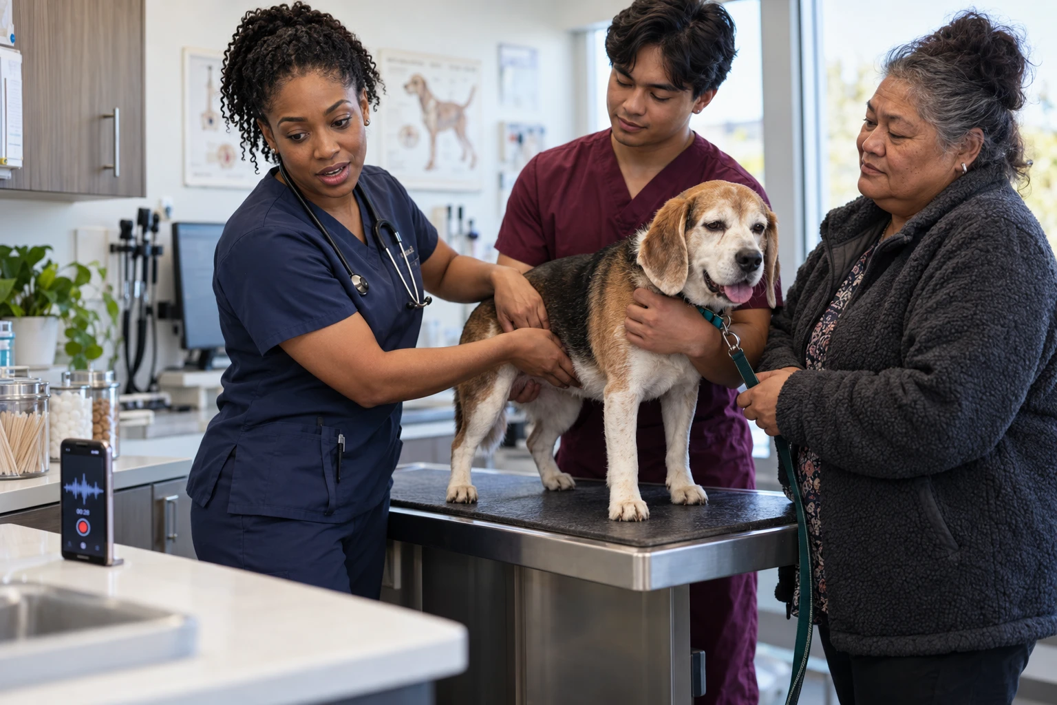 Veterinarian examining a senior beagle while a phone on the counter records the visit for an AI scribe