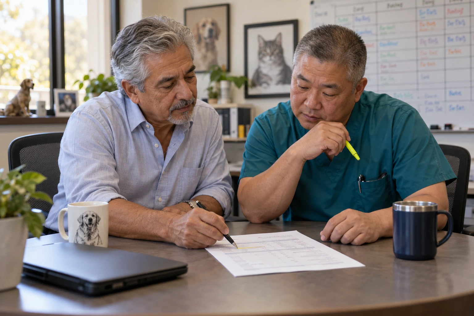Two veterinary practice owners reviewing a software subscription quote and renewal terms at a conference table