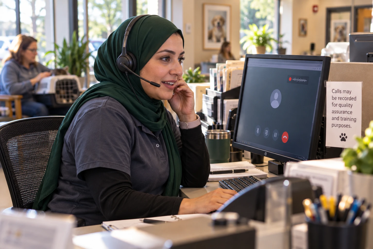 Veterinary receptionist on a headset call at the front desk with a call-recording notice on her screen