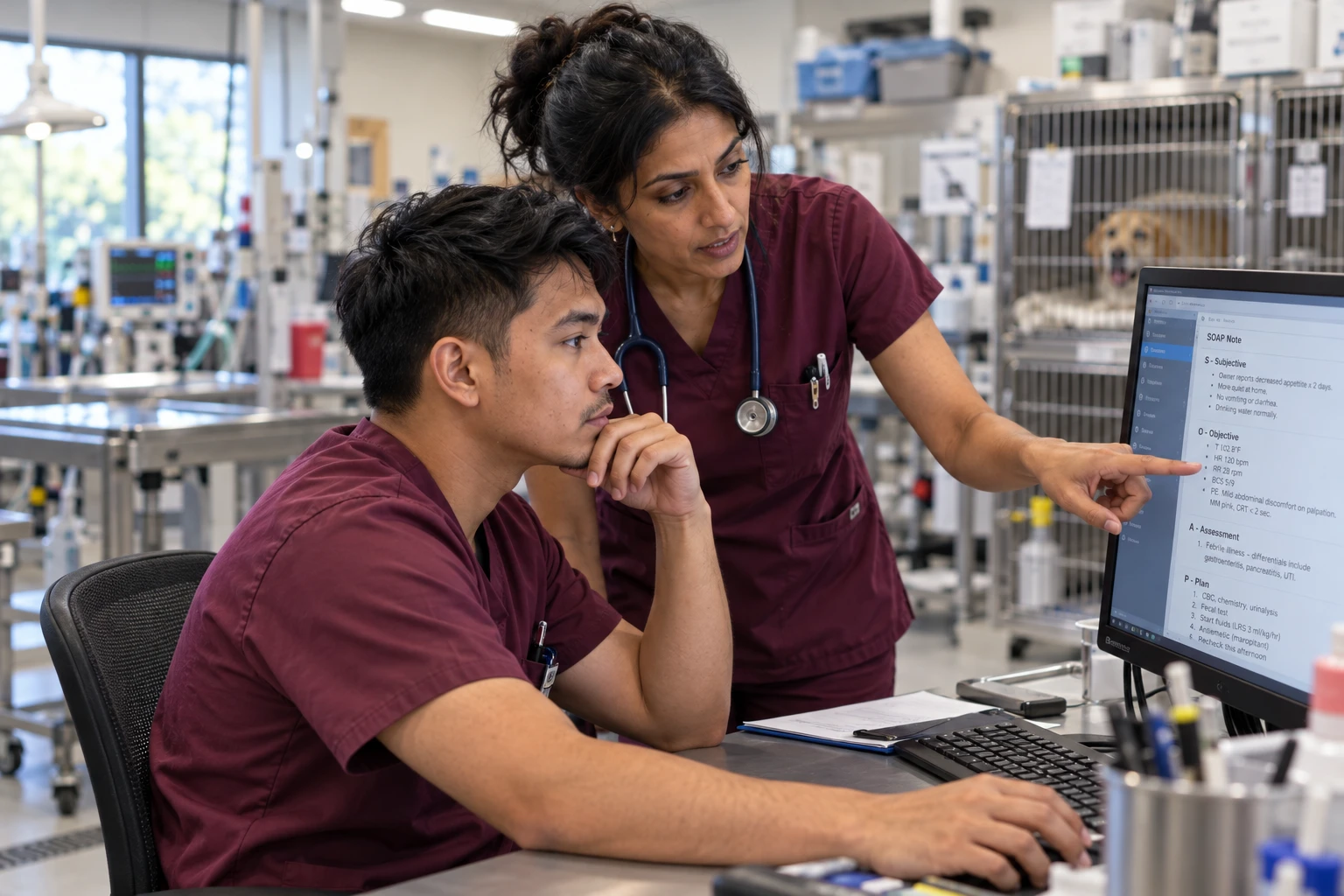Veterinary technician reviewing an AI-generated SOAP note transferred into the practice management system