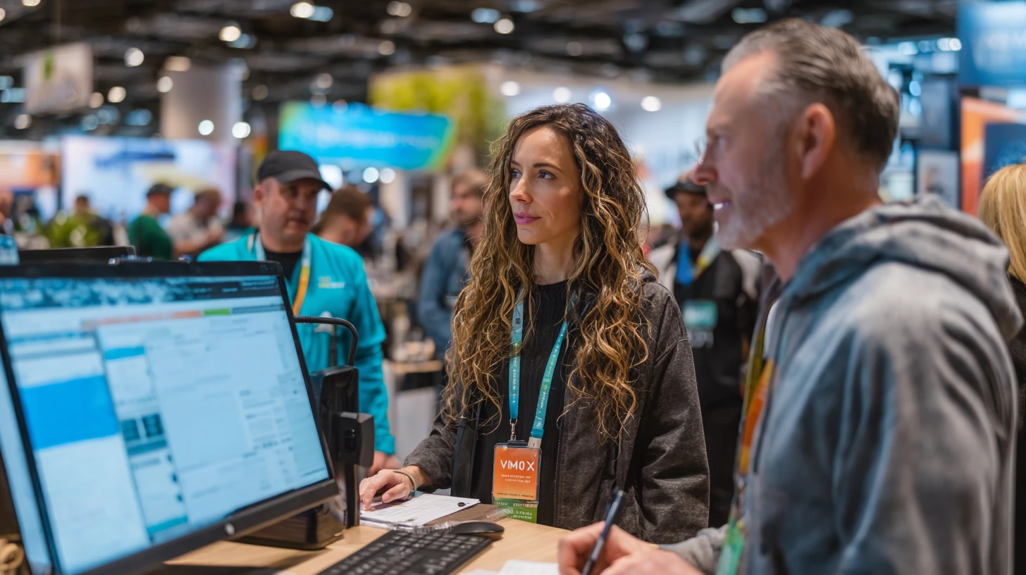 Vendor giving a 3-minute demo at VMX 2026 while a veterinary leader evaluates workflow