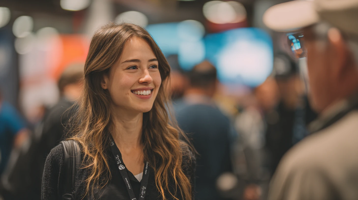 VMX 2026 booth opener, vendor rep starting a low-pressure conversation with an attendee walking by