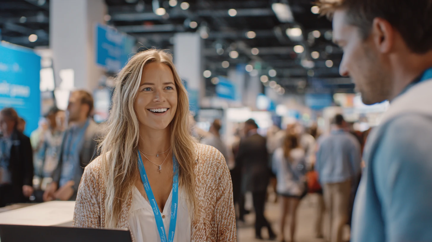 VMX 2026 booth clarity moment, vendor rep greeting attendees with open posture at the edge of the booth