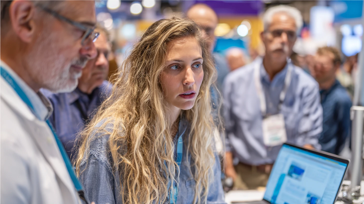 VMX 2026 integrations discussion, vendor rep and veterinary operations leader reviewing integration details on a laptop