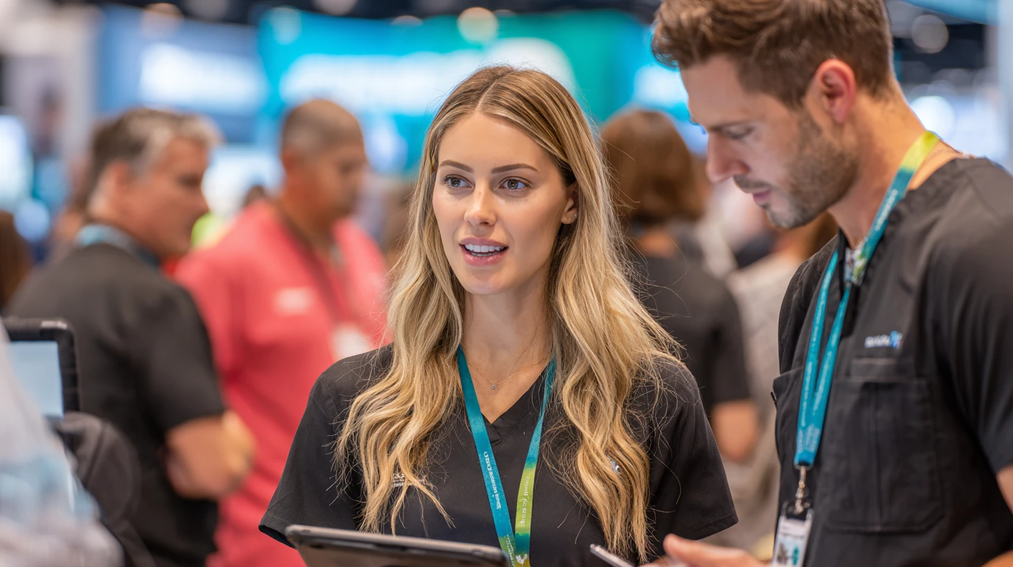 VMX 2026 qualification, two-person booth team, one engaging while the other captures notes for lead context