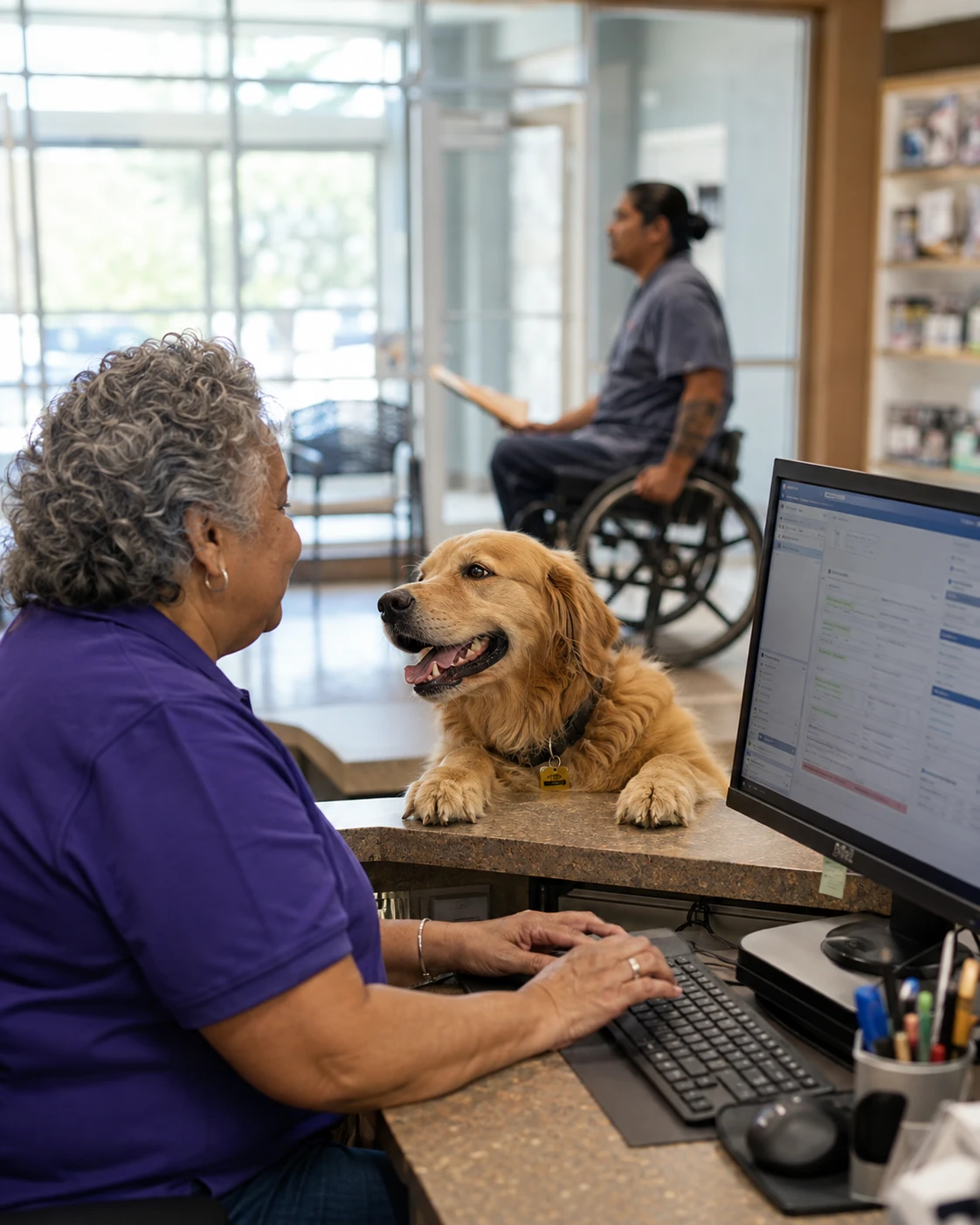 Front desk team at a small animal practice checking in a dog using their veterinary practice management software
