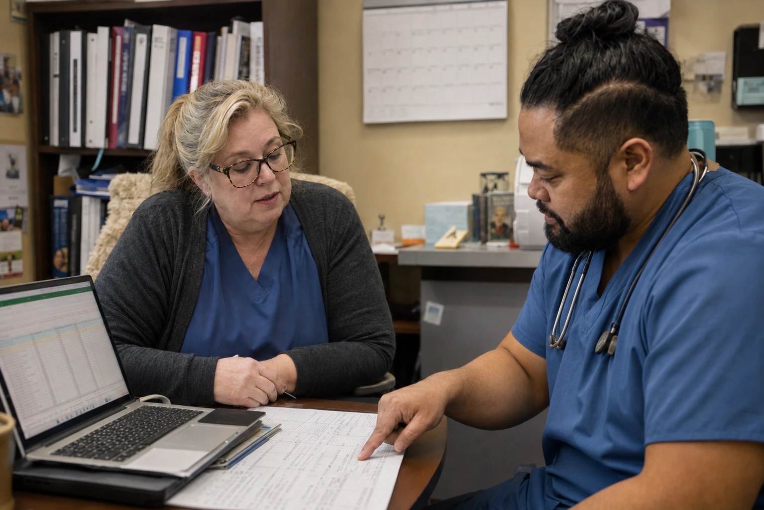 Practice owner and associate veterinarian reviewing software pricing and demo questions in a clinic office