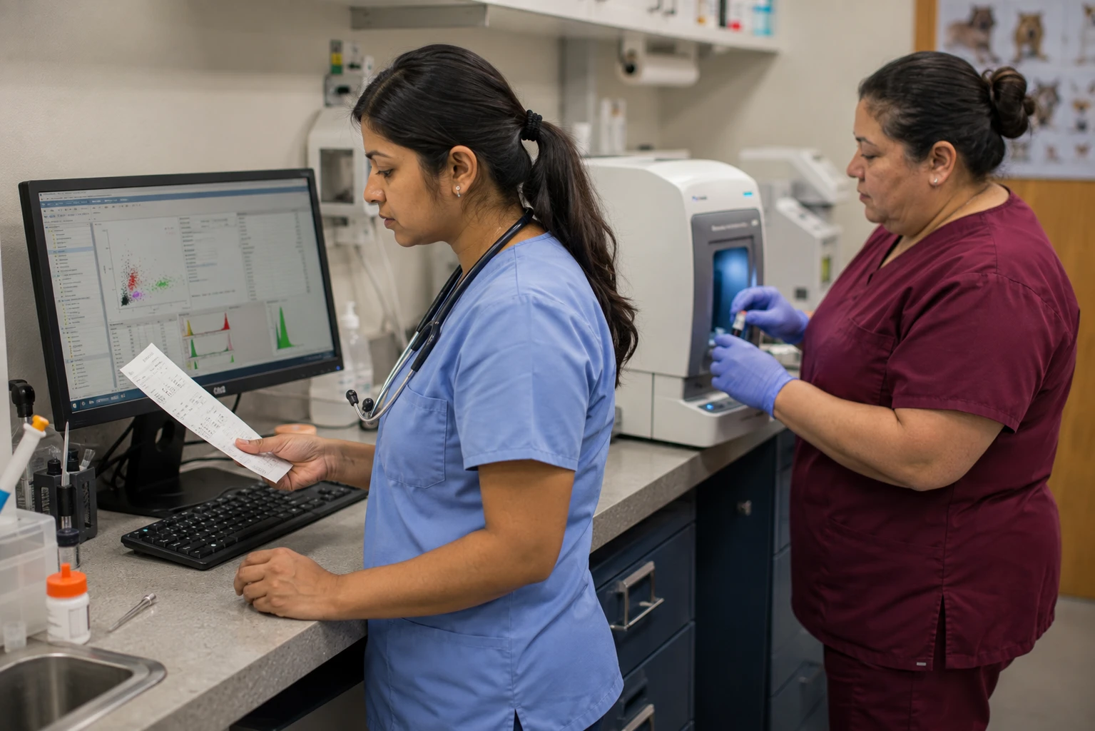 Veterinarian reviewing in-house lab results that flow from the analyzer into the practice management software