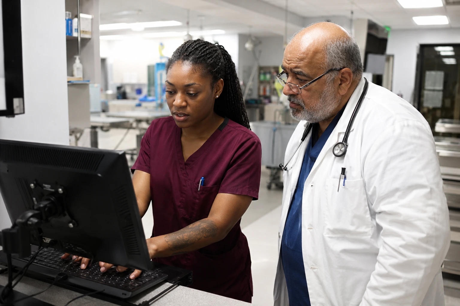 Veterinary technician entering SOAP notes on a practice management software workstation in the treatment area
