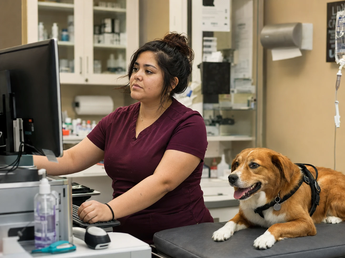 Veterinary technician entering clinical notes and treatment templates in cloud veterinary software