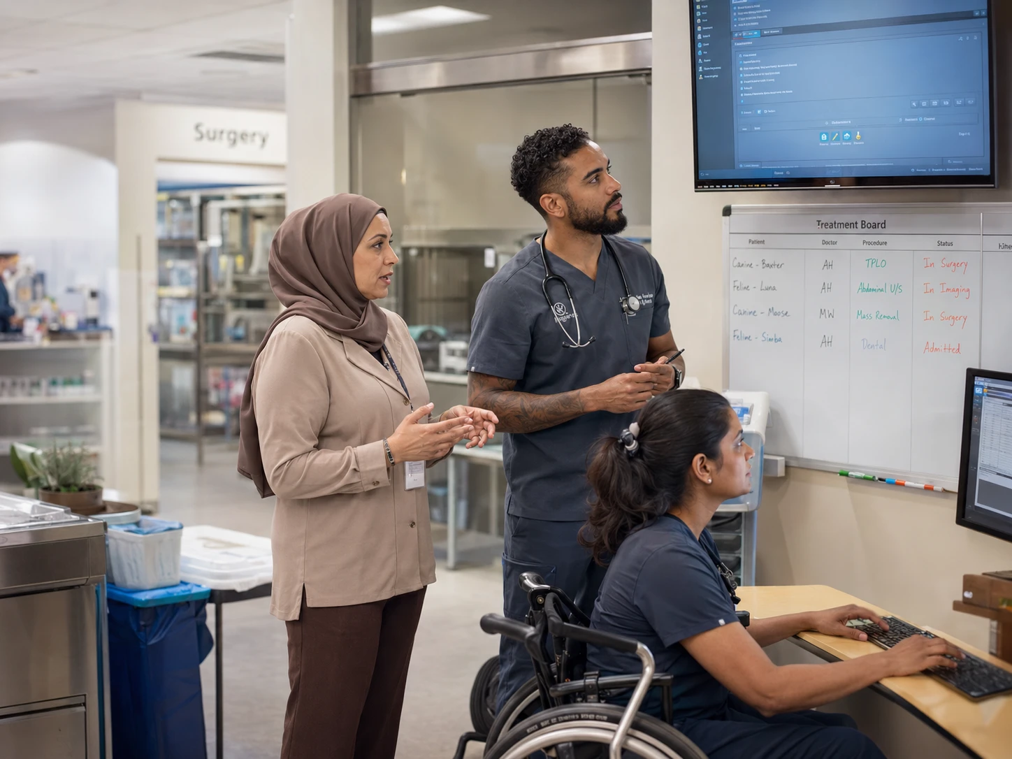 Practice manager and specialty veterinary team coordinating on the treatment floor of a large animal hospital
