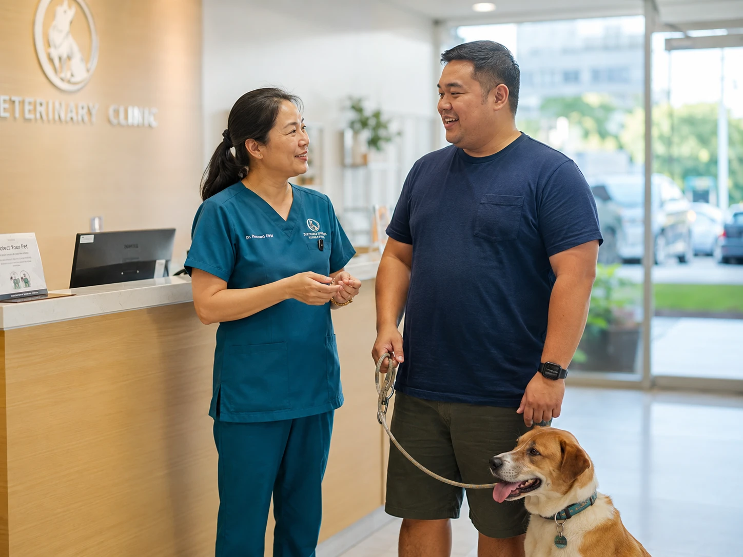 Veterinarian talking with a pet owner and dog at the reception desk of a modern animal hospital