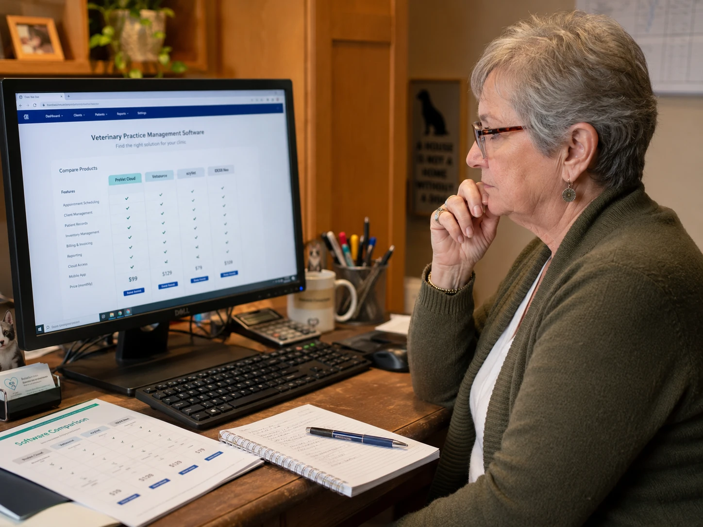 Practice owner evaluating veterinary software pricing and a product demo on a desktop monitor
