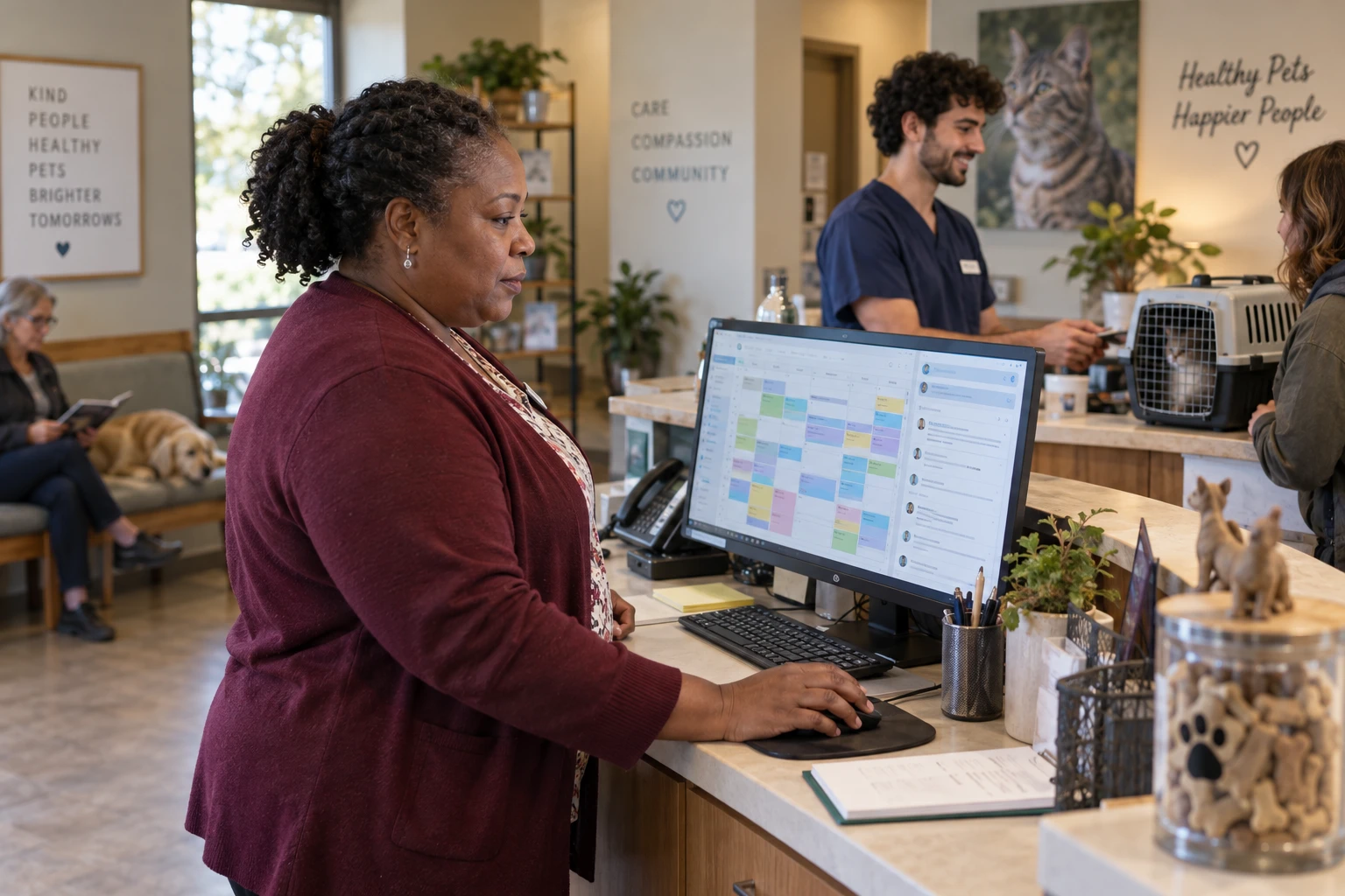 Practice manager reviewing cloud veterinary PIMS scheduling and messaging at a clinic front desk
