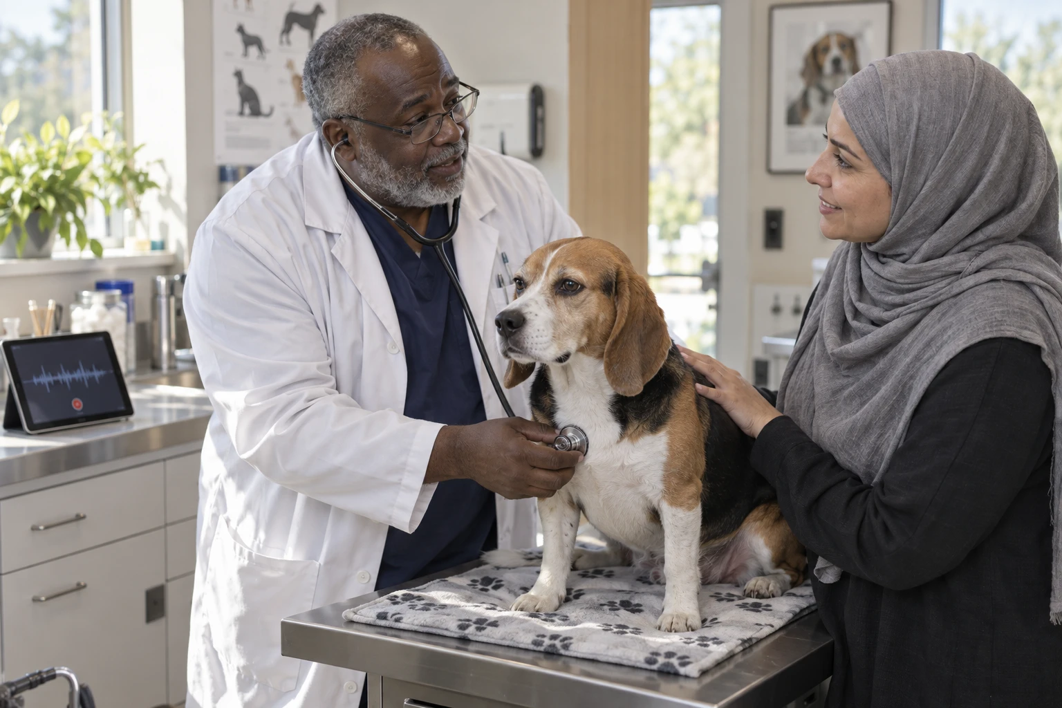 Veterinarian talking with a pet owner during a consult while an AI scribe records on a tablet