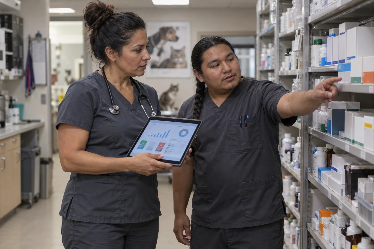 Practice owner and veterinary assistant checking pharmacy inventory on a tablet in a multi-location clinic