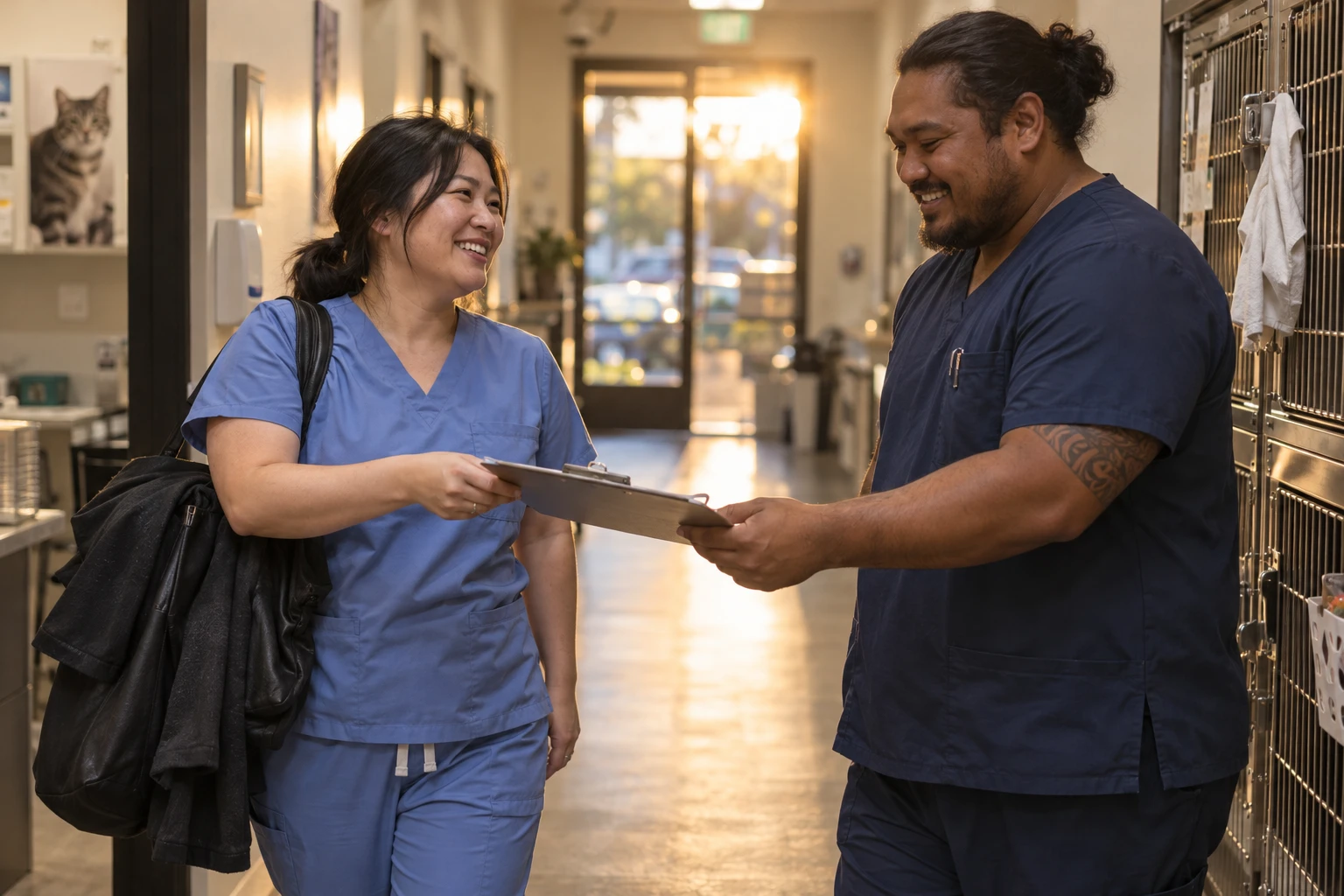 Veterinarian and technician sharing a relaxed end-of-day handoff in a veterinary clinic hallway